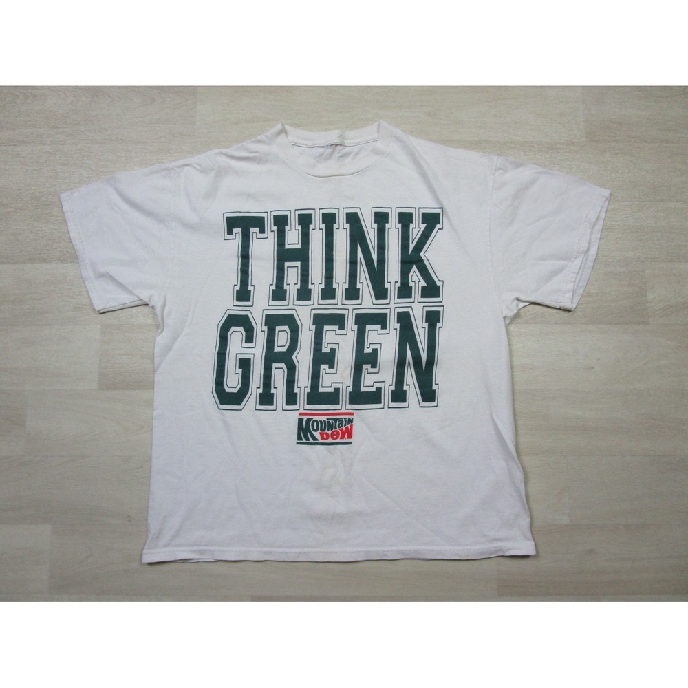 Vintage Mountain Dew T Shirt (L) "Think Green" Promo Soda 1990's Drink Advertise
